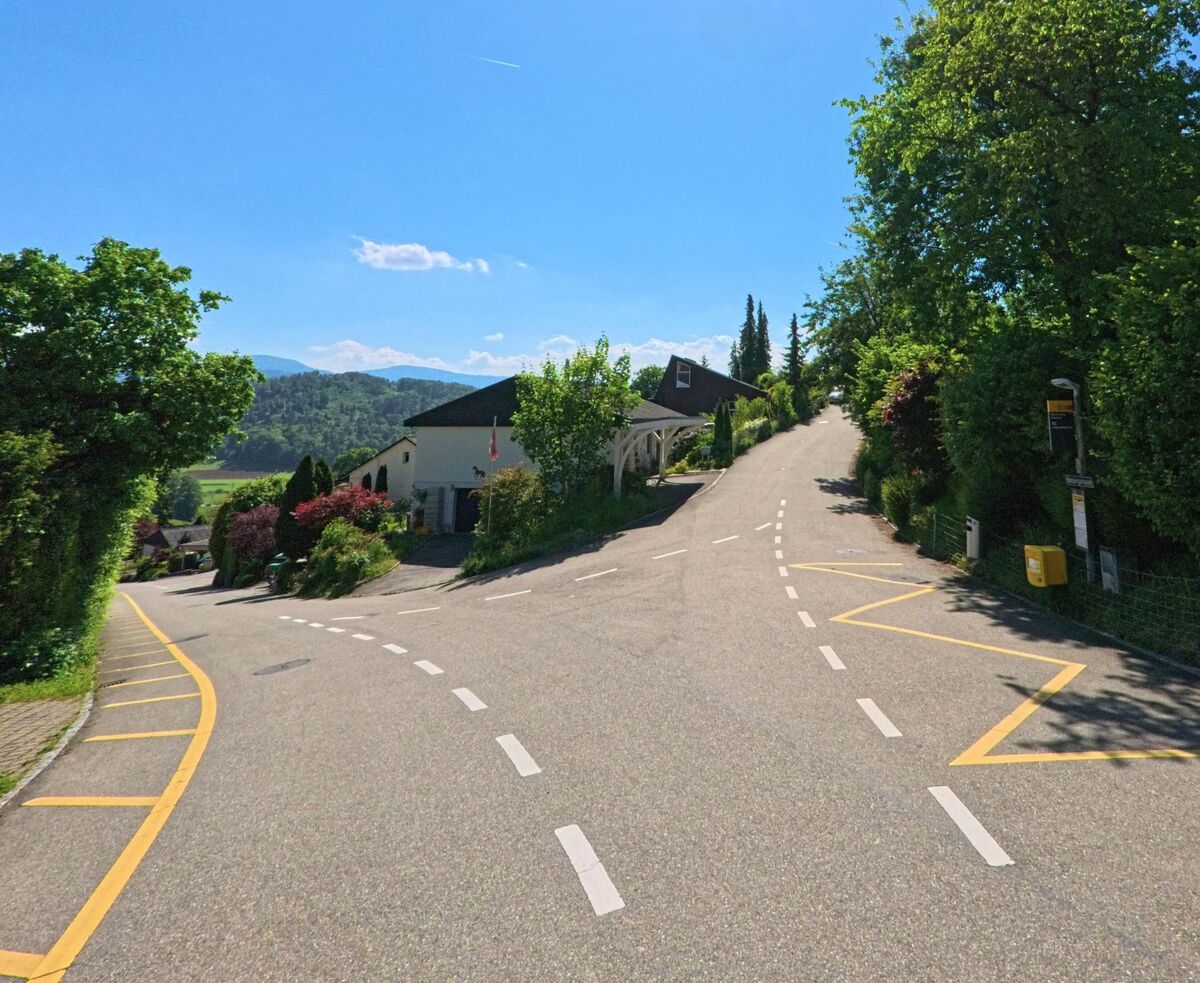 In Ramlinsburg (4433, Kanton Baselland) teilt sich eine Strasse auf einem sonnigen Hügel in zwei Richtungen mit Blick über die grüne Landschaft.