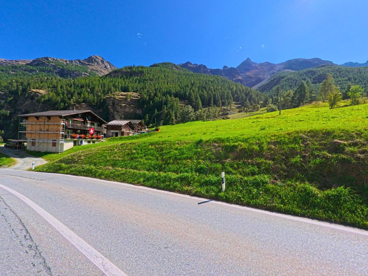 Am Ortsrand von Randa (3928, Kanton Wallis) stehen Wohnhaeuser neben einer grünen Wiese, im Hintergrund erhebt sich ein dichter Nadelwald bis zu den Bergspitzen.