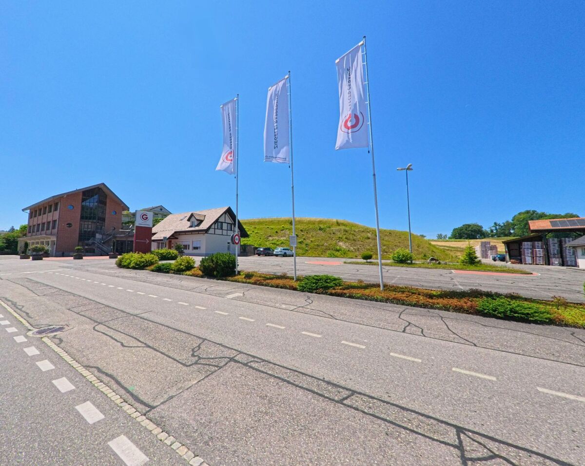 In Rapperswil (3255, Kanton Bern) sind moderne Geschäftshäuser mit großen Fahnen an einer gut ausgebauten Straße zu sehen. Im Hintergrund erstreckt sich ein grüner Hügel.