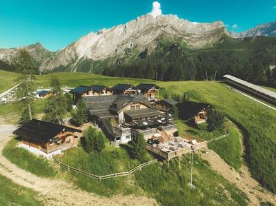 In Gryon (1882, Kanton Waadt) liegt das Refuge de Frience eingebettet in grüne Alpwiesen mit Blick auf die markanten Felsformationen der Waadtländer Alpen.