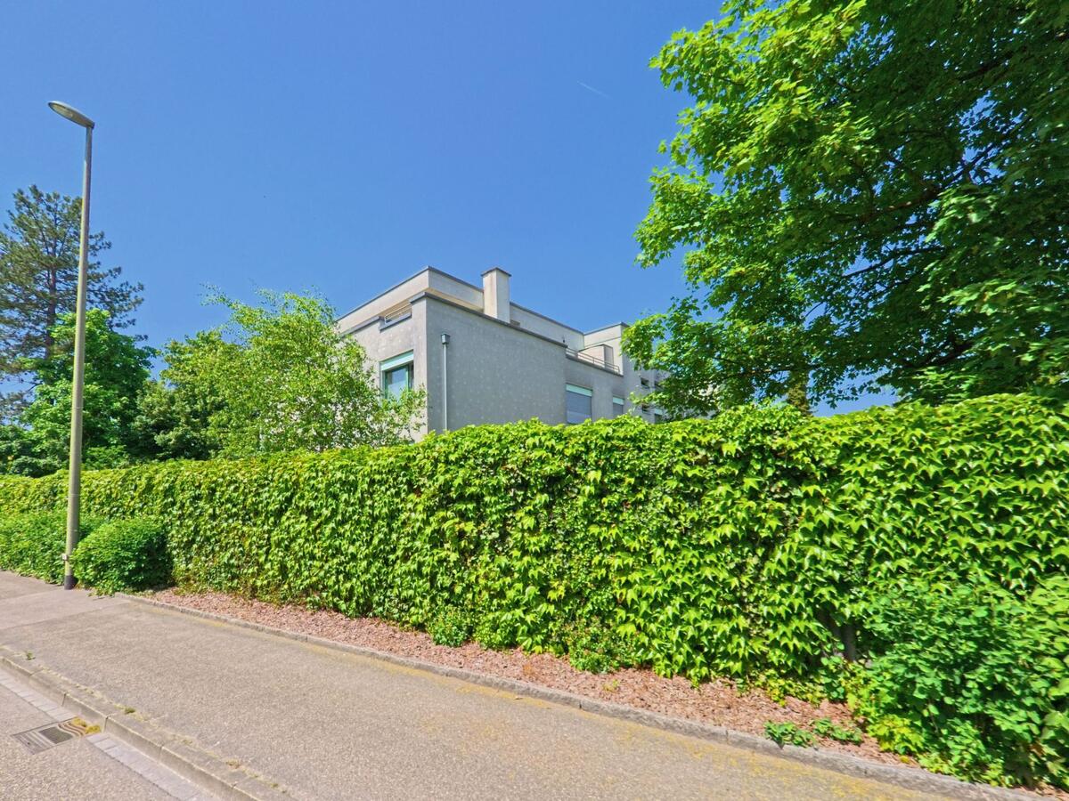 In Reinach (4153, Kanton Basel-Landschaft) verläuft ein Gehweg entlang einer hohen, dichten Hecke, hinter der ein modernes Wohnhaus teilweise sichtbar ist.