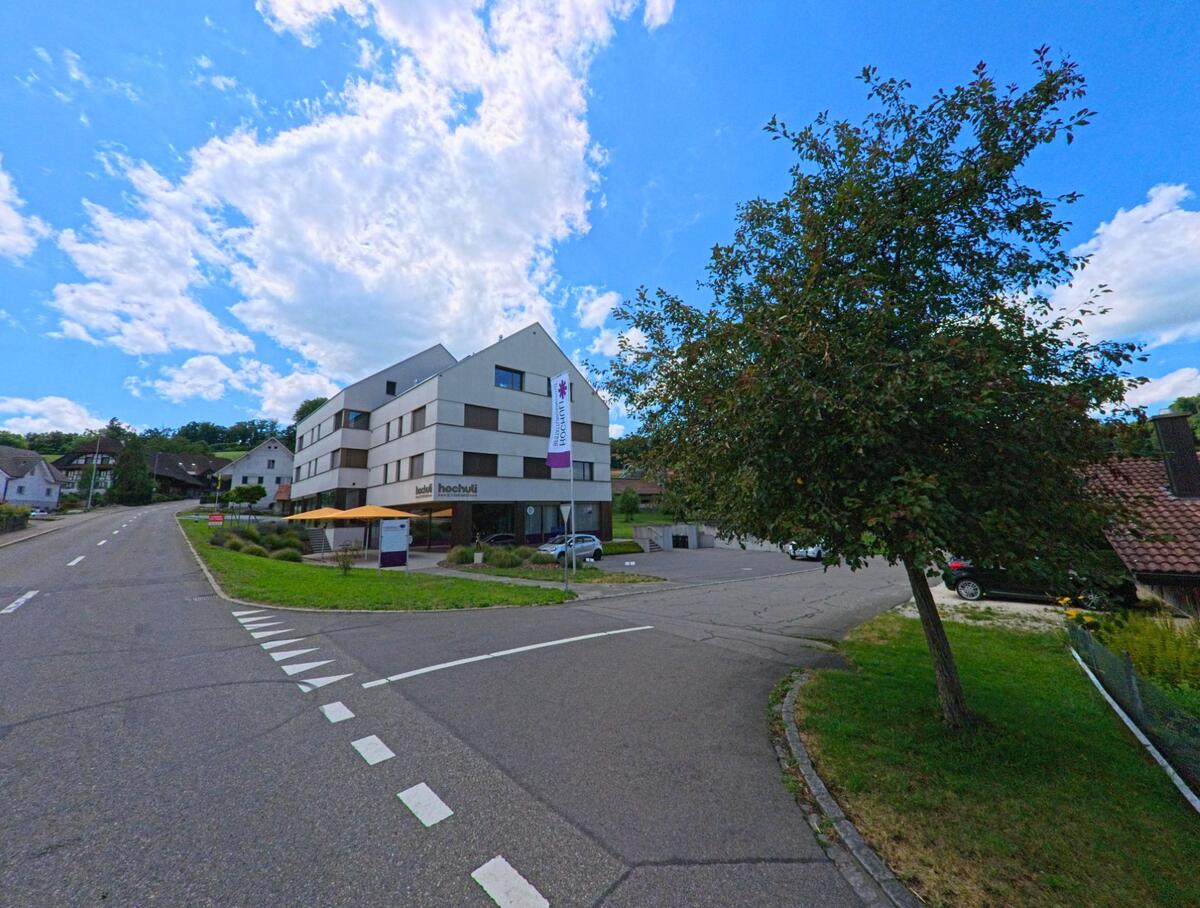 Am Rand einer Kreuzung in Reitnau (5057, Kanton Aargau) steht ein modernes Gebäude mit Flachdach, in dem sich das Hotel Hochuli befindet, umgeben von Wohnhäusern und Grünflächen.