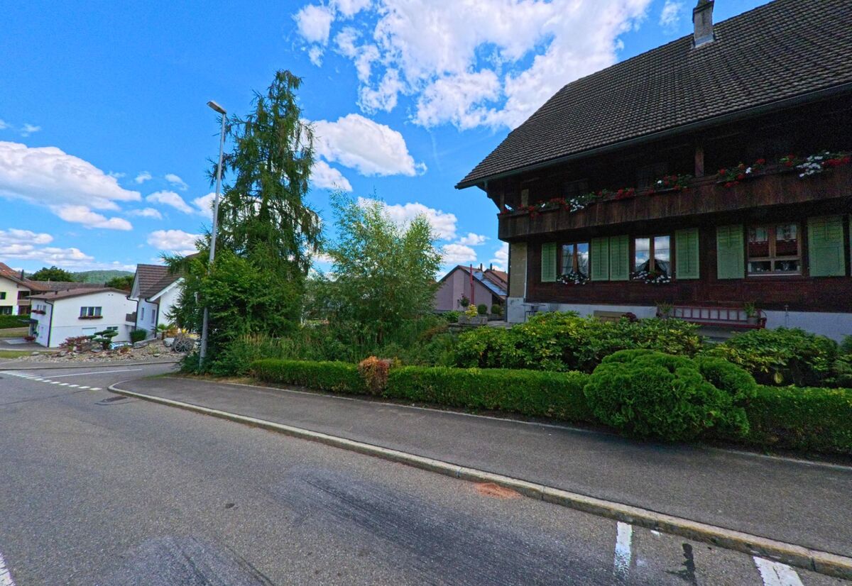 Ein traditionelles Wohnhaus mit grünen Fensterläden und Blumenschmuck steht in Reitnau (5057, Kanton Aargau) an einer ruhigen Strasse mit gepflegter Bepflanzung.