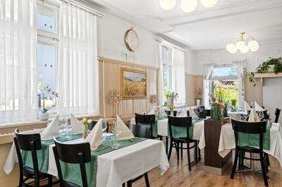 Der helle Gastraum eines Restaurants in Vogelsang (5412, Kanton Aargau) mit weiss gedeckten Tischen, gruenen Tischlaeufern, schwarzen Stuehlen und Pflanzen; durch hohe Fenster faellt Tageslicht.
