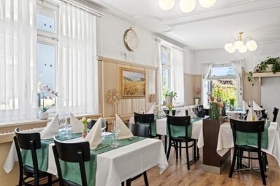 Der helle Gastraum eines Restaurants in Vogelsang (5412, Kanton Aargau) mit weiss gedeckten Tischen, gruenen Tischlaeufern, schwarzen Stuehlen und Pflanzen; durch hohe Fenster faellt Tageslicht.
