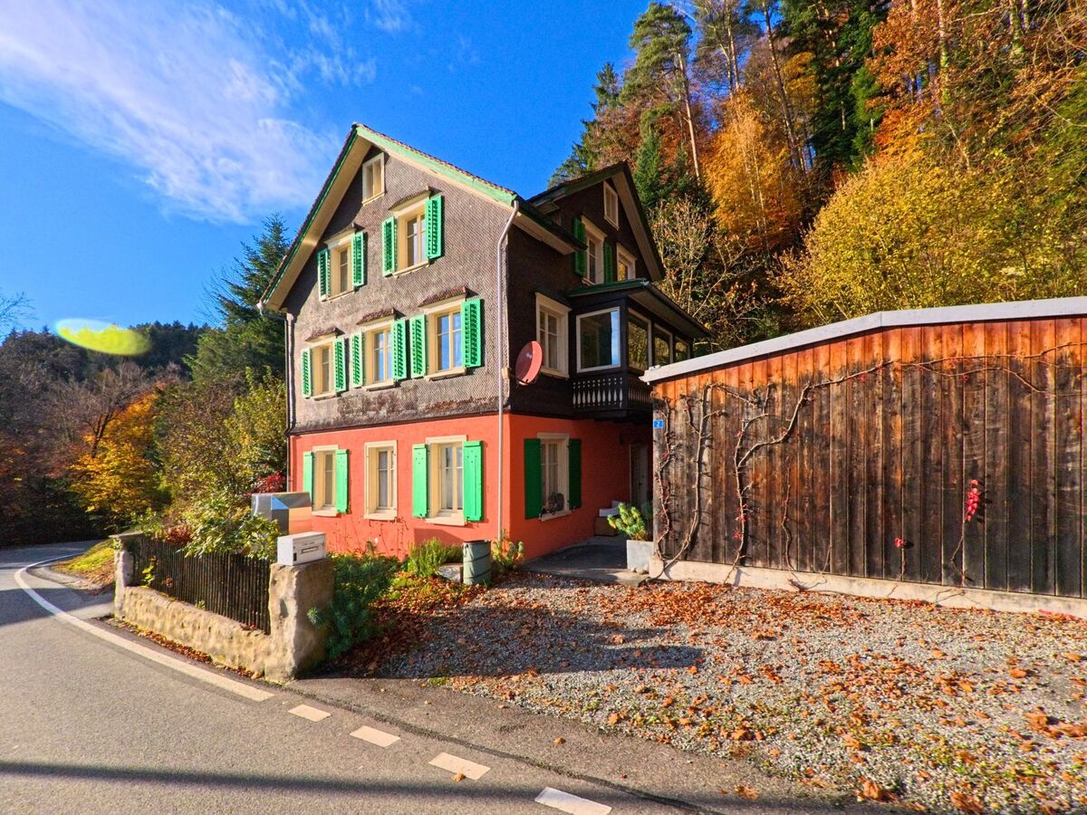 Ein traditionelles Wohnhaus mit Holzfassade steht leicht erhöht an der Strasse in Reute (9437, Kanton Appenzell Ausserrhoden).
