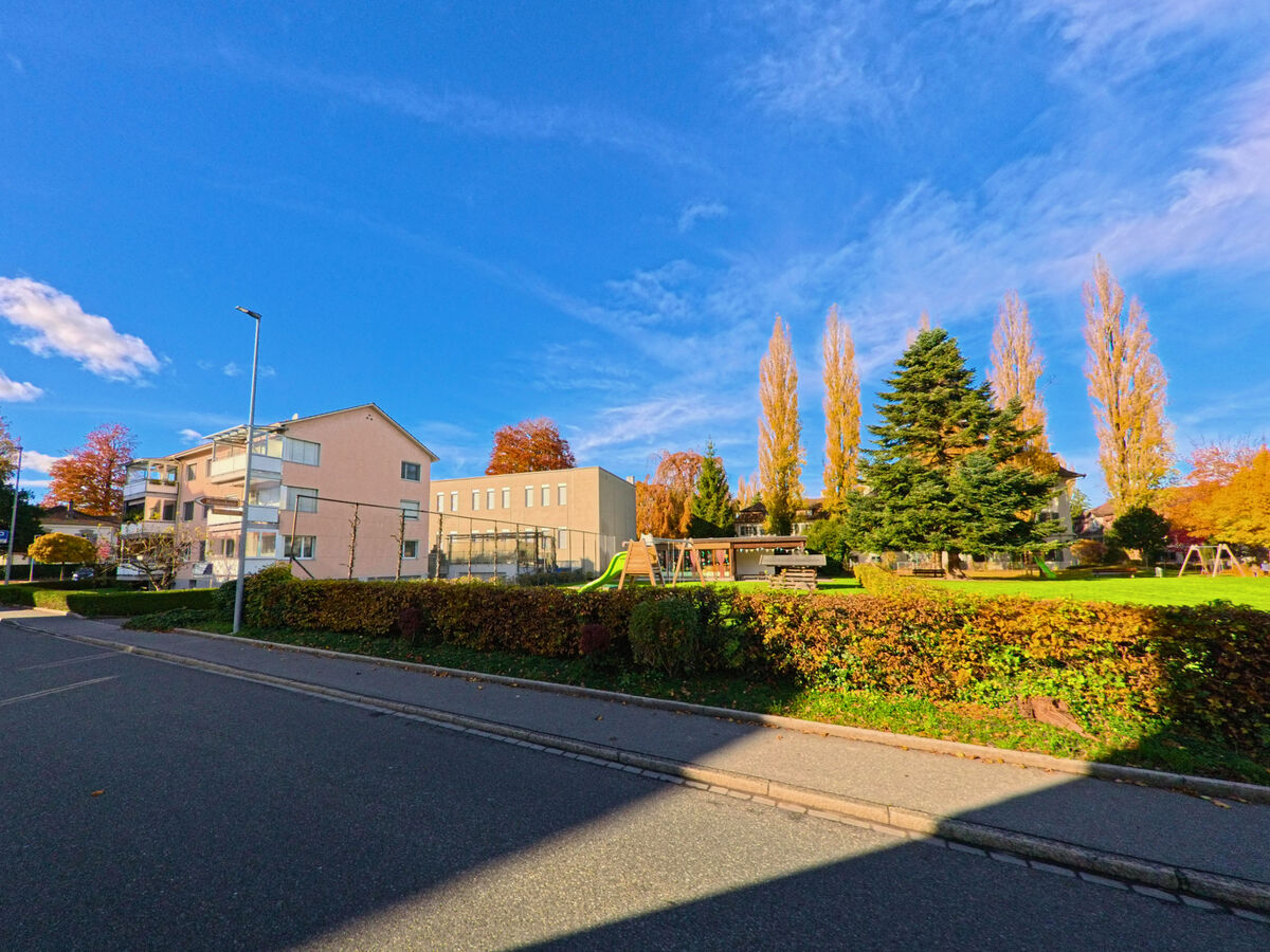 Ein Spielplatz mit angrenzender Gruenflaeche befindet sich im Wohngebiet von Rheineck (9424, Kanton St. Gallen).