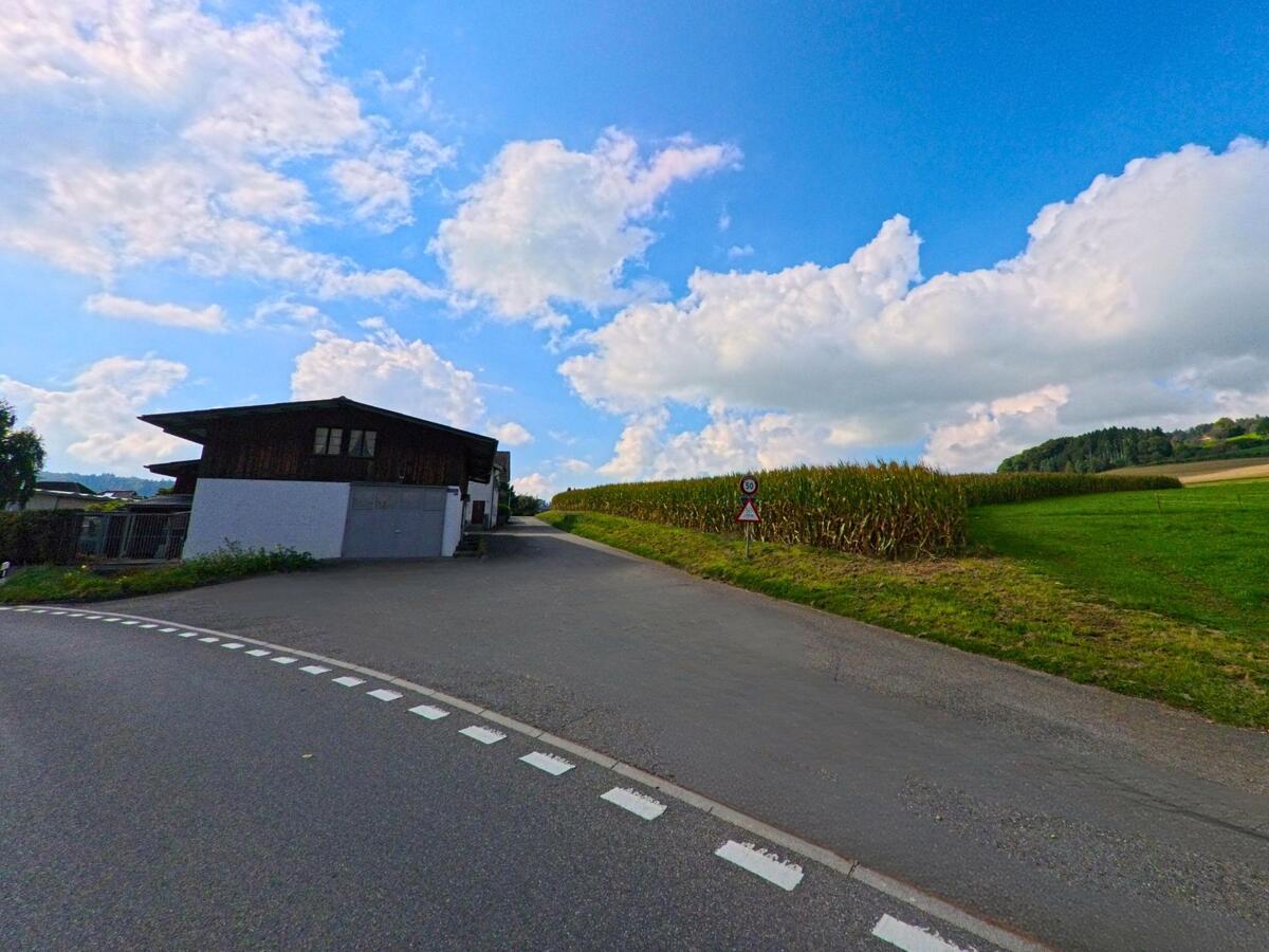 Ein schmaler Weg führt am Hang entlang durch ein Wohngebiet von Rickenbach (6221, Kanton Luzern).