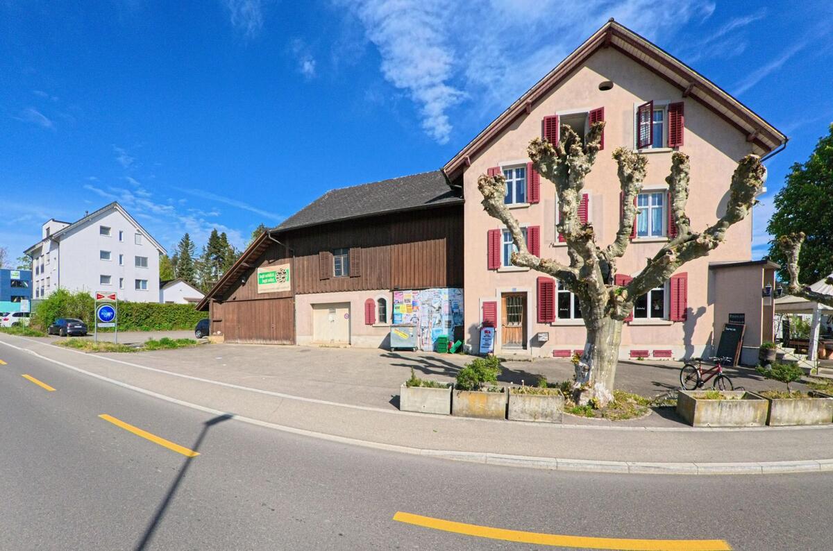 An einer Hauptstrasse in Rickenbach (8544, Kanton Zürich) steht ein Haus mit roten Fensterläden und angebauter Scheune, davor ein markanter beschnittener Baum.
