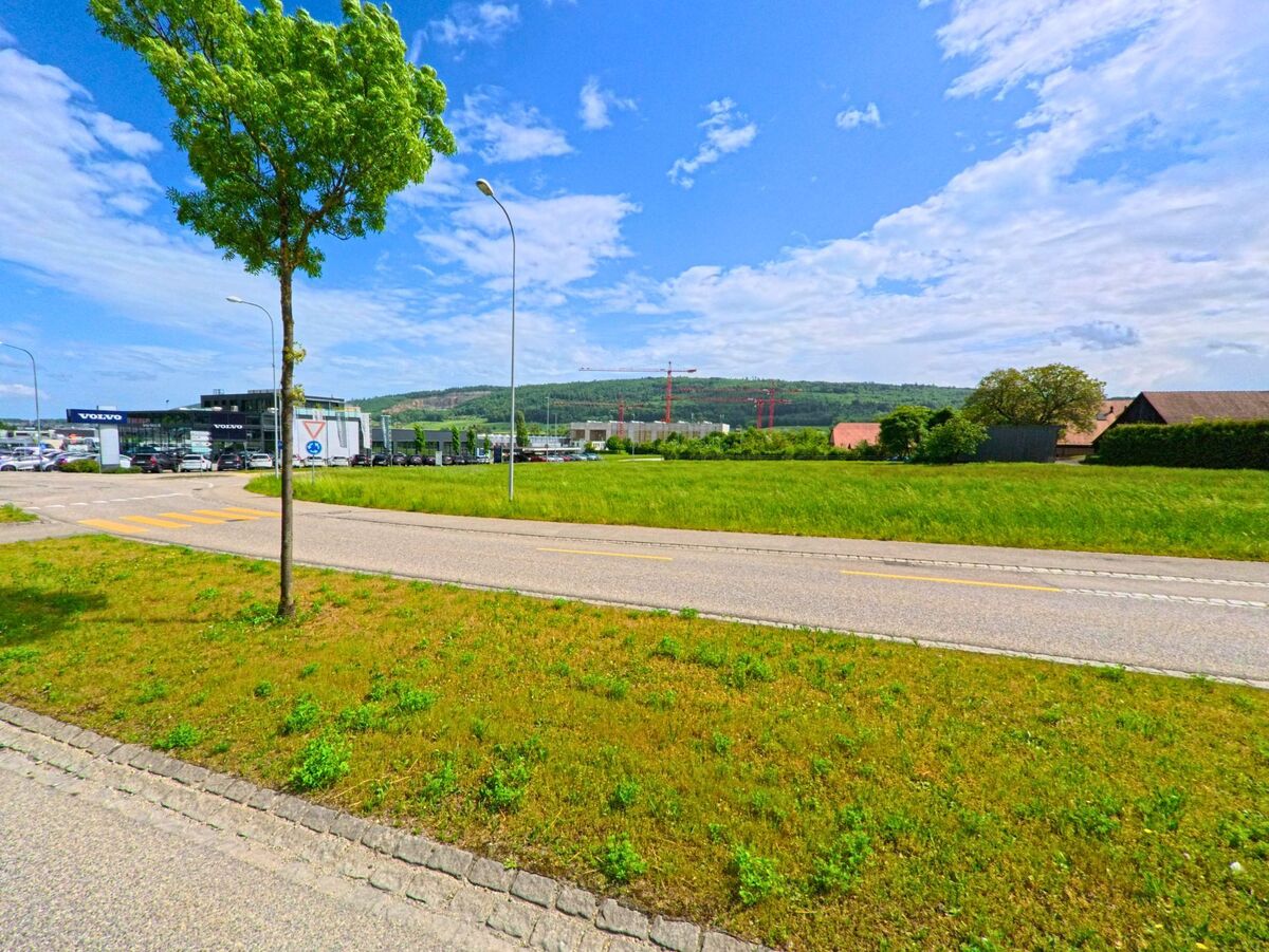 In Rickenbach (PLZ 4613, Kanton Solothurn) liegt ein Autohaus an einer gut ausgebauten Strasse mit Blick auf eine freie Gruenflaeche und entfernte Baukraene.
