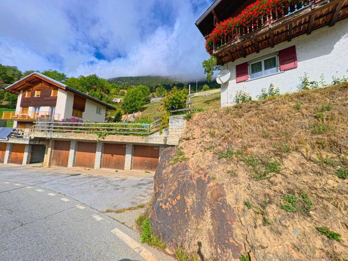 In Riederalp (3986, Kanton Wallis) befinden sich oberhalb einer Reihe von Garagen mehrere Wohnhaeuser, umgeben von gruener Hanglandschaft.