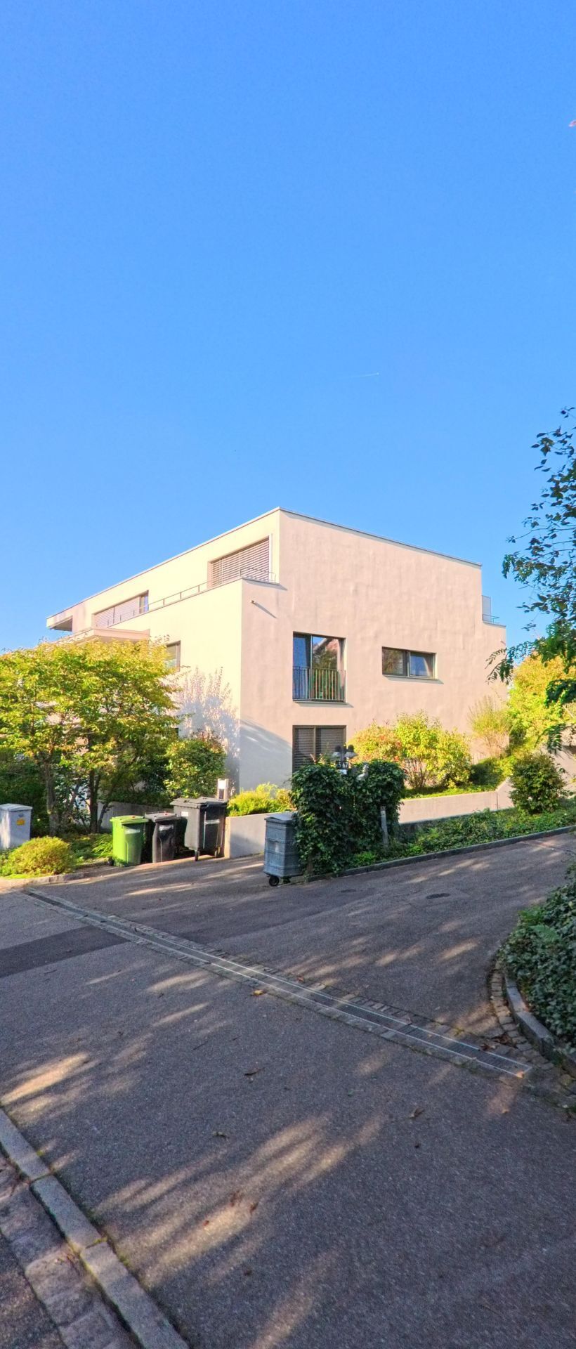 Ein modernes, kubisches Wohnhaus steht in Riehen (4125, Kanton Basel-Stadt) an einer schmalen, leicht ansteigenden Zufahrt, umgeben von dichter Vegetation.