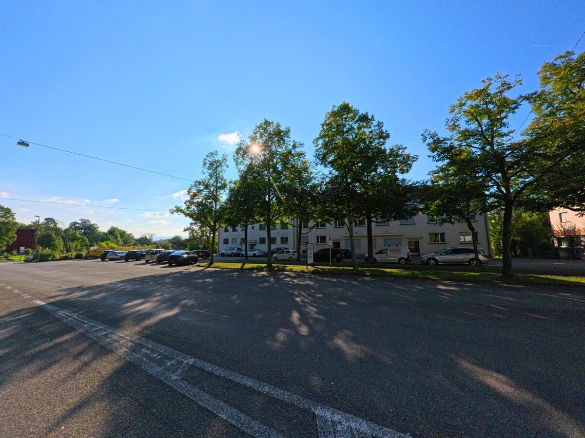 Auf einem offenen Parkplatz in Riehen (4125, Kanton Basel-Stadt) werfen mehrere Baeme lange Schatten, waehrend dahinter Wohnhaeuser und parkende Autos sichtbar sind.