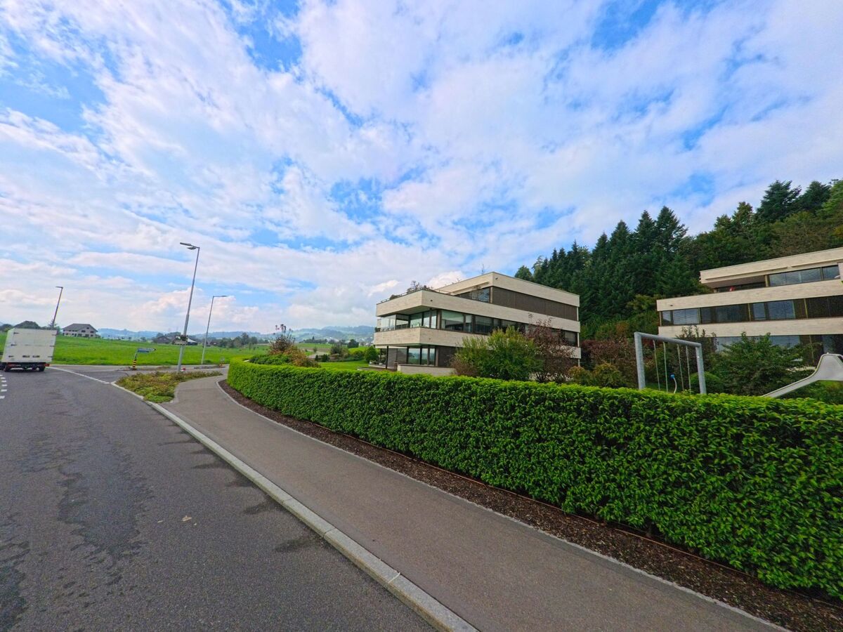 Moderne Wohngebäude mit Hecken säumen eine ruhige Strasse im Siedlungsgebiet von Risch (6343, Kanton Zug).