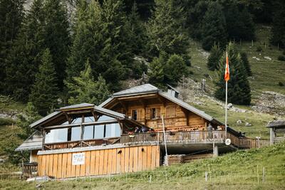 In Jaun (1656, Kanton Freiburg) steht die Ritzli Alp, ein traditionelles Holzgebaeude mit Terrasse und Schweizer Fahne, umgeben von gruener Berglandschaft.