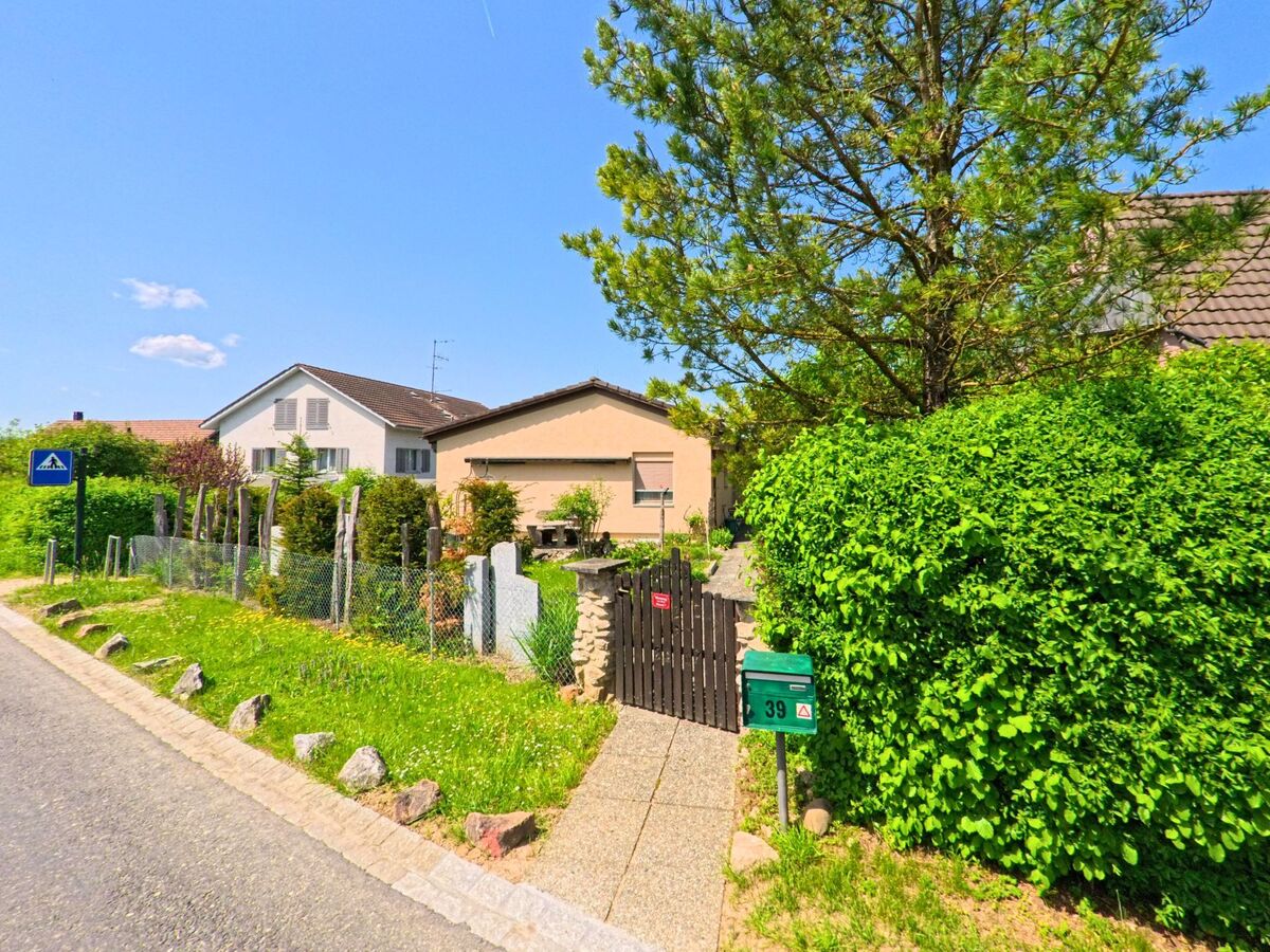 In Rodersdorf (4118, Kanton Solothurn) führt ein Weg mit Gartenzaun und Briefkasten zu einem Einfamilienhaus, flankiert von dichter Hecke und einem Fussgängerübergangschild an der Straße.
