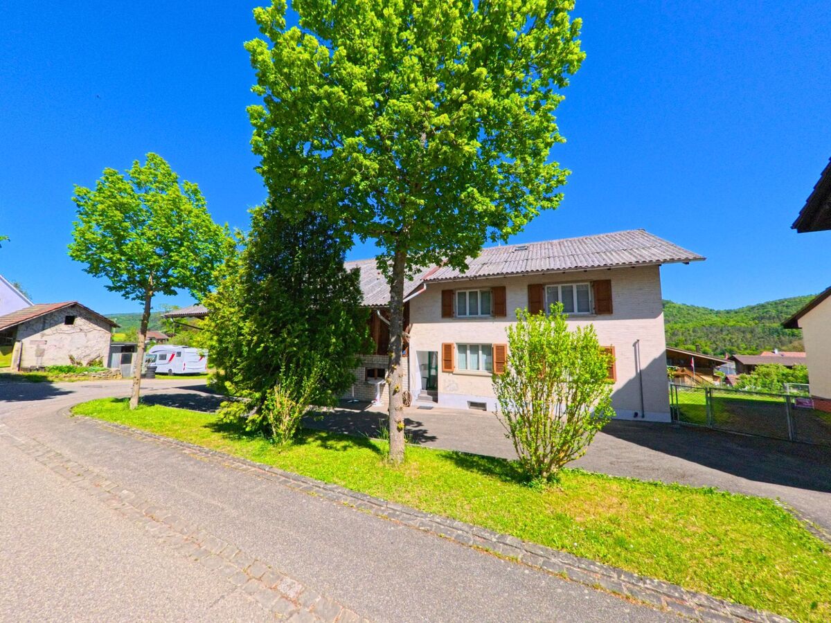 In Roggenburg (2814, Kanton Baselland) führt eine Strasse an einem gepflegten Haus mit Bäumen entlang, mit grünen Hügeln im Hintergrund und strahlendem Sonnenschein.