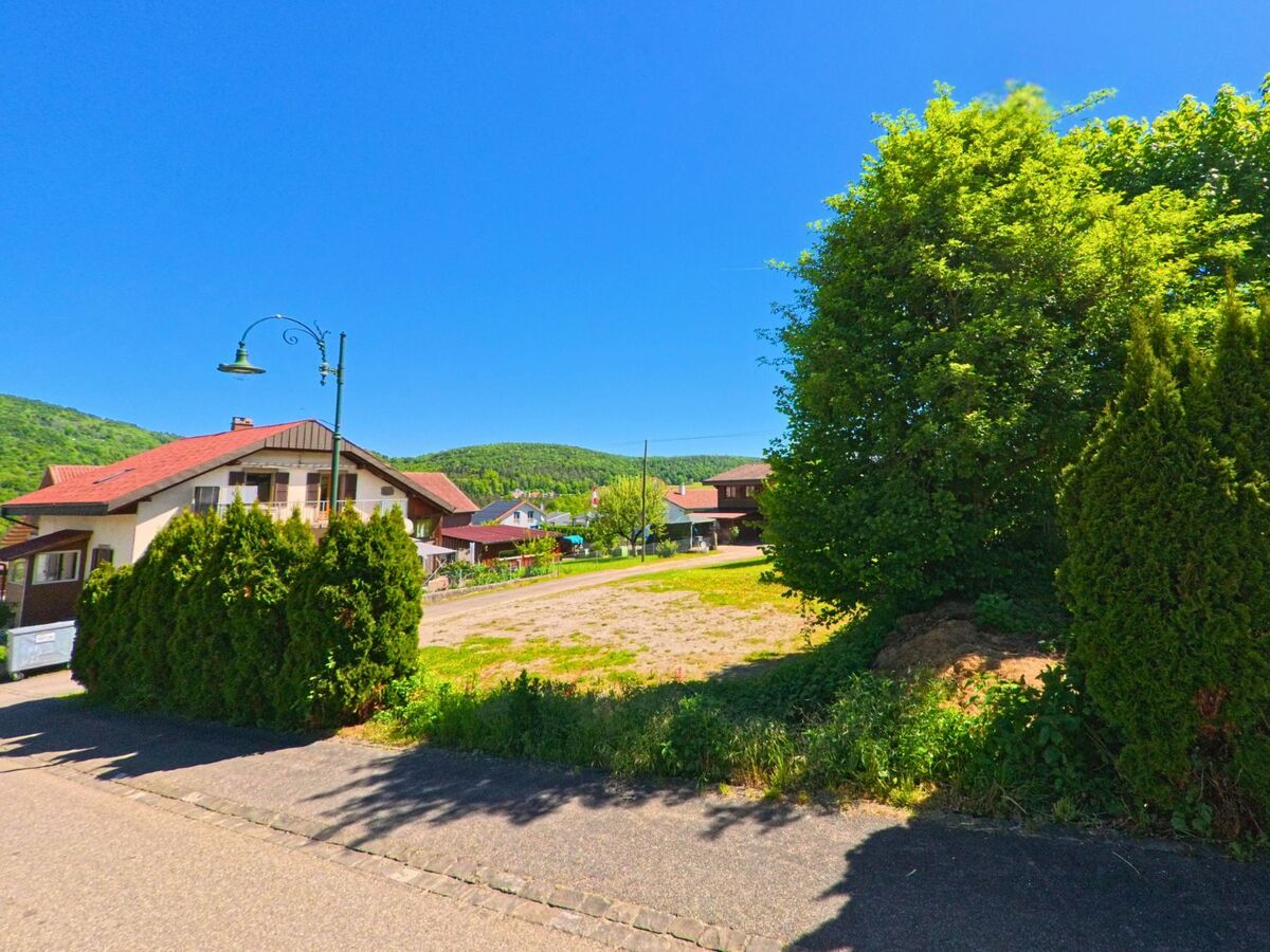 In Roggenburg (2814, Kanton Baselland) führt eine Strasse an einem leeren Grundstück und einem Gebäude mit einem Laternenmast entlang, mit grünen Hügeln im Hintergrund.