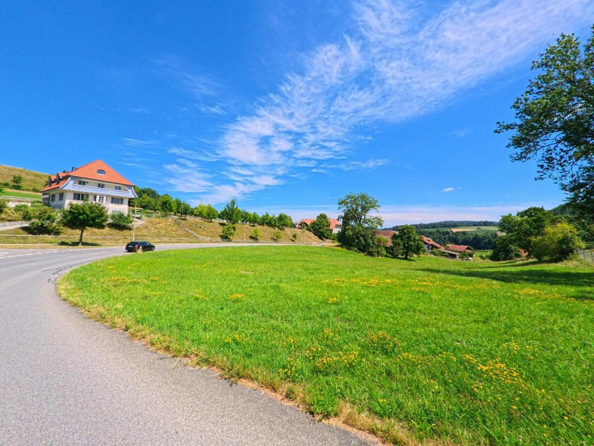 Ein einzelnes Haus mit rotem Dach steht oberhalb einer grossen Wiese in Roggliswil (PLZ 6265, Kanton Luzern), mit Blick auf verstreute Hoefe in der sanft hügeligen Landschaft.