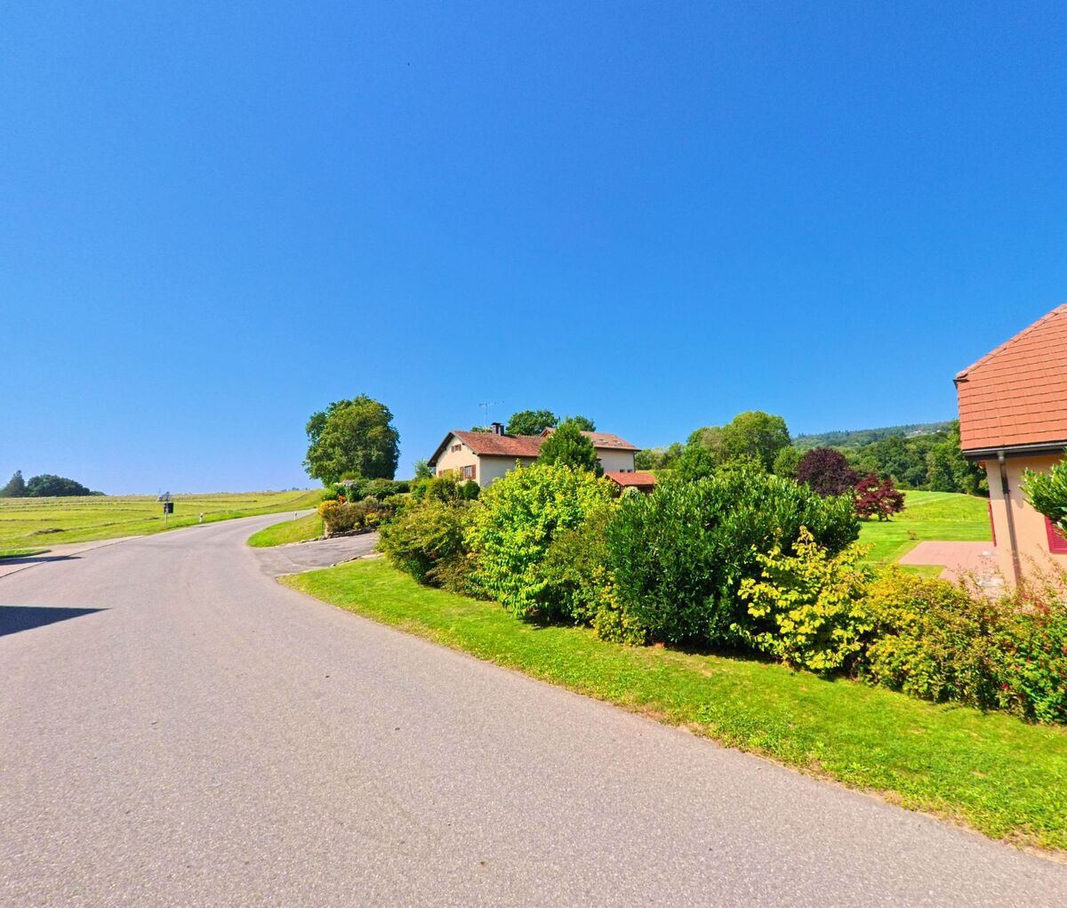 Eine leicht geschwungene Strasse in Ropraz (1088, Kanton Waadt) fuehrt an Wohnhaeusern und gepflegten Gaerten vorbei.