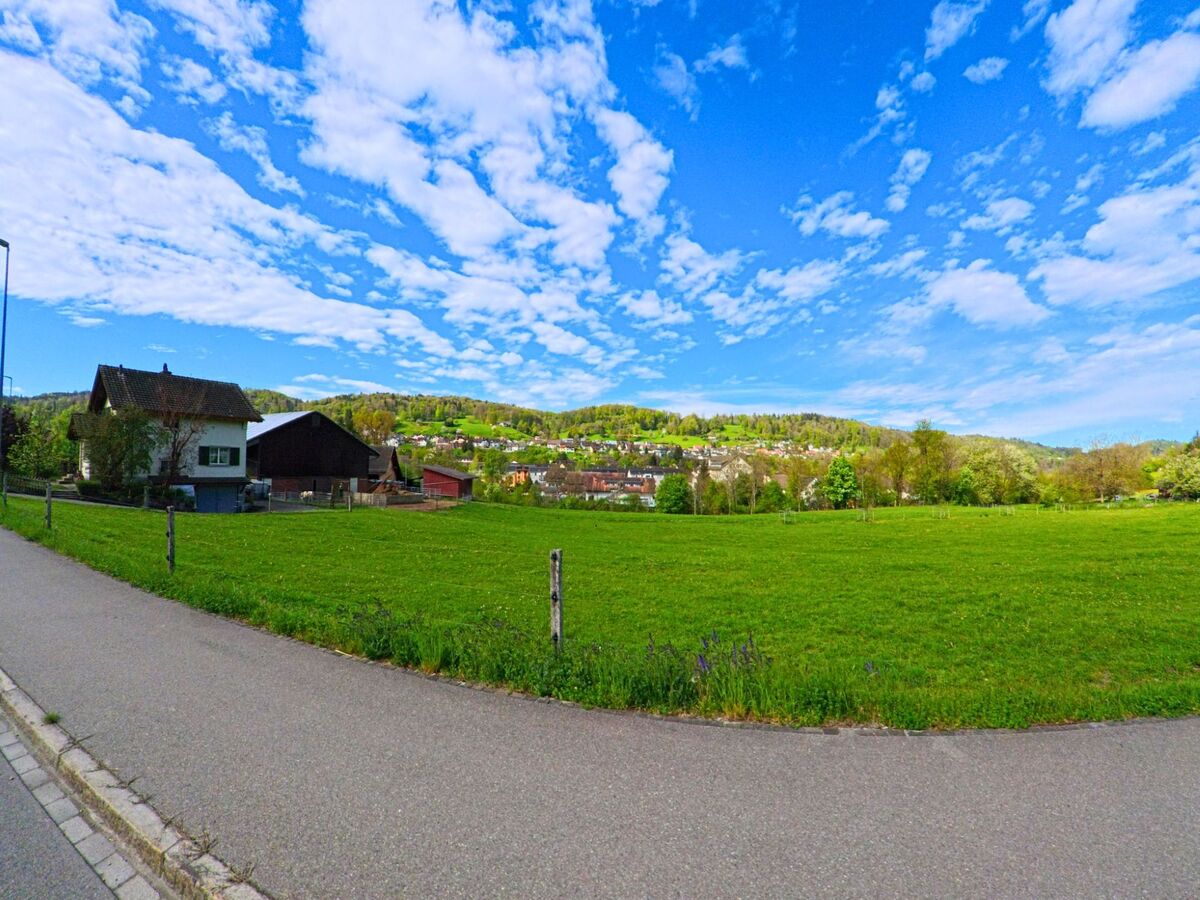 Am Rand von Rorbas im Kanton Zürich, PLZ 8427, erstreckt sich eine weite grüne Wiese mit Blick auf Hügel und Wohnhäuser im Hintergrund.