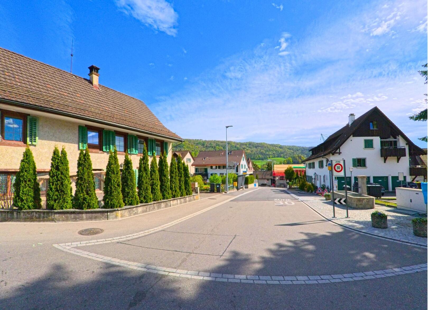 In der Gemeinde Rorbas im Kanton Zürich mit der Postleitzahl 8427 zeigt das Bild eine ruhige Quartierstrasse mit traditionellen Wohnhäusern, gepflegten Hecken und einem Blick auf das grüne Umland.