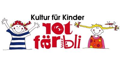Das Logo von rotfärbli - Kultur für Kinder zeigt in Uznach (8730, Kanton St. Gallen) zwei fröhlich gezeichnete Kinder sowie den roten Schriftzug des Vereins.