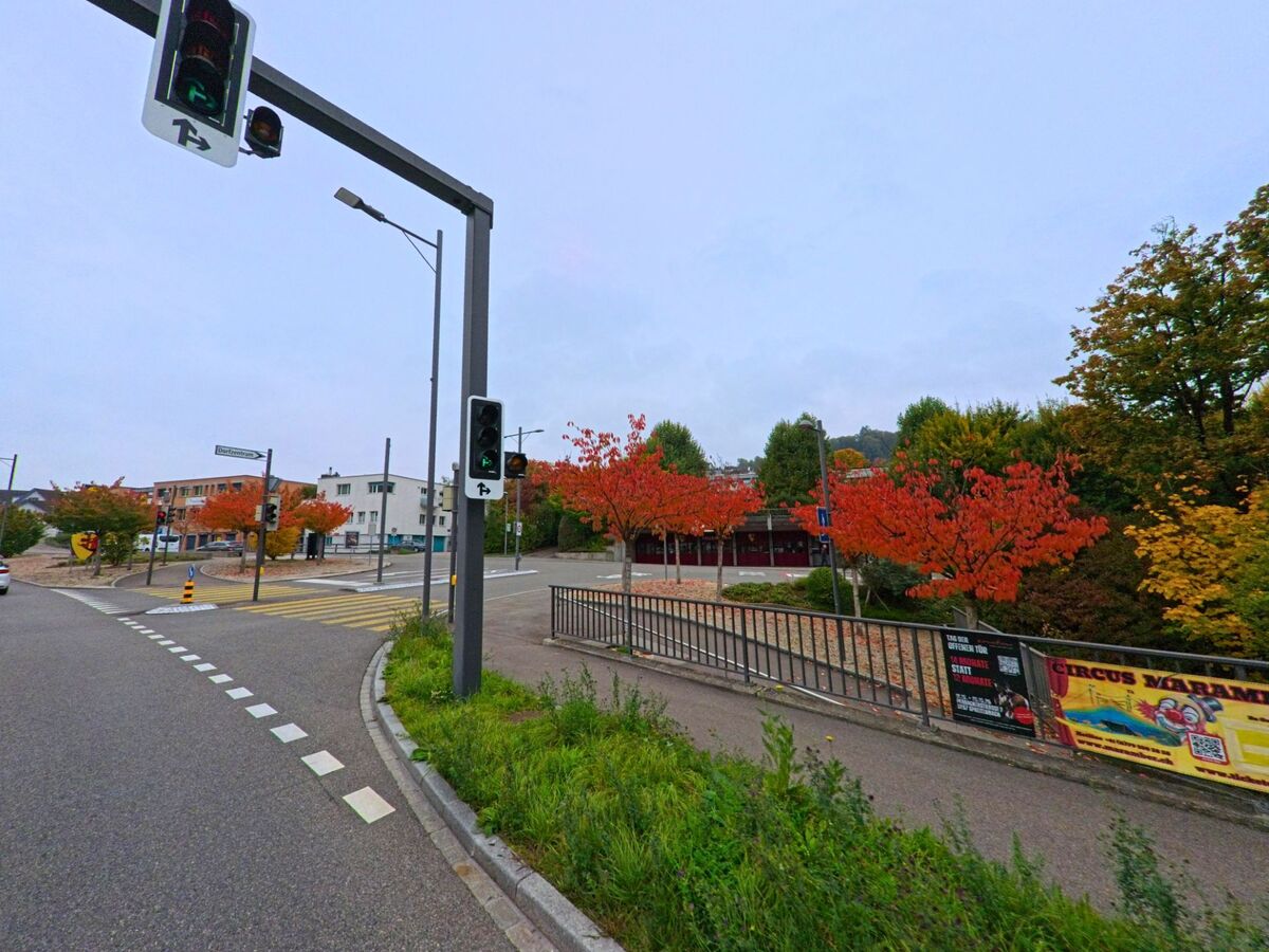Herbstlich gefärbte Bäume säumen eine Kreuzung mit Fussgängerstreifen in Rudolfstetten-Friedlisberg (8964, Kanton Aargau).
