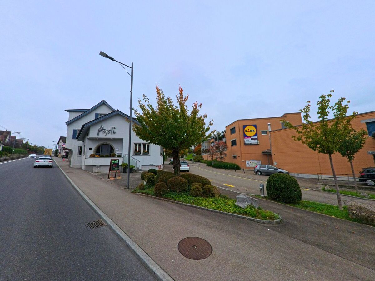 In Rudolfstetten-Friedlisberg (8964, Kanton Aargau) liegt an der Hauptstrasse ein Restaurant gegenüber eines modernen Supermarkts.