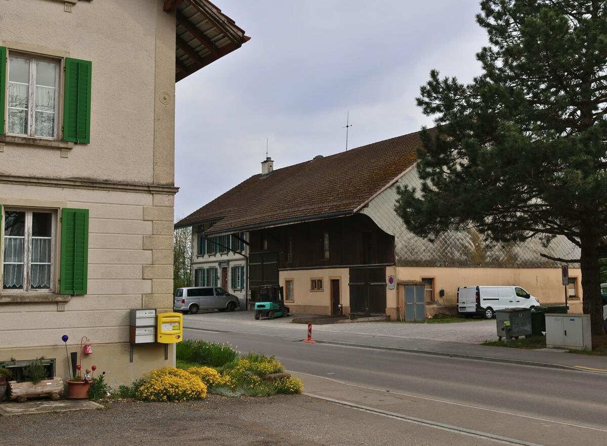 In Rümlang (8153, Kanton Zürich) stehen ein traditionelles Bauernhaus und ein Wohngebäude mit grünen Fensterläden an einer ruhigen Strasse mit Briefkästen und Blumenbeeten im Vordergrund.