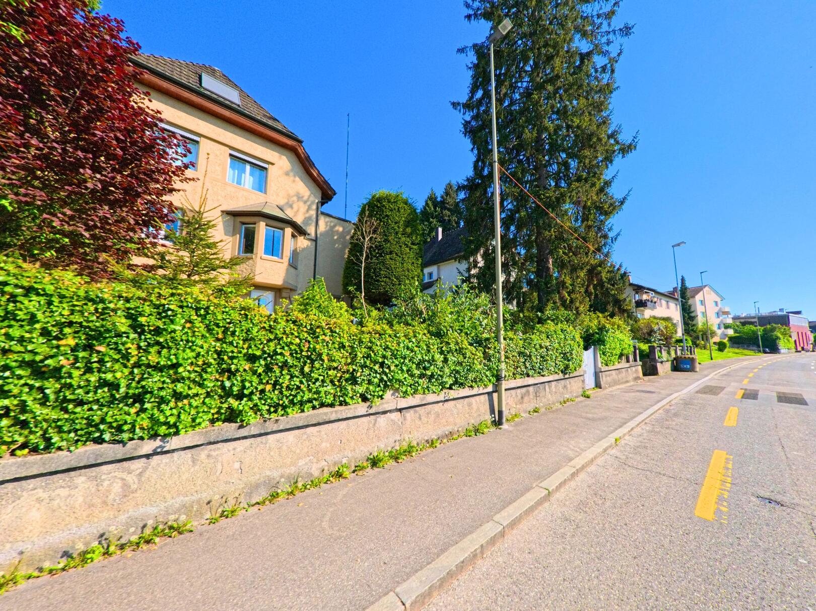 In Rüschlikon (8803, Kanton Zürich) verläuft eine sonnige Strasse mit gepflegten Häusern und üppigem Grün entlang des Gehwegs.