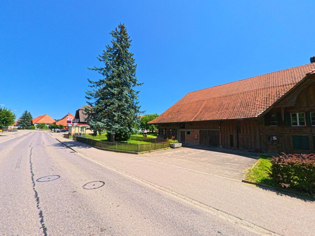 Entlang der Hauptstrasse in Rüti bei Büren (3295, Kanton Bern) stehen ein traditionelles Bauernhaus aus Holz und eine markante Tanne neben einer kleinen Bushaltestelle.