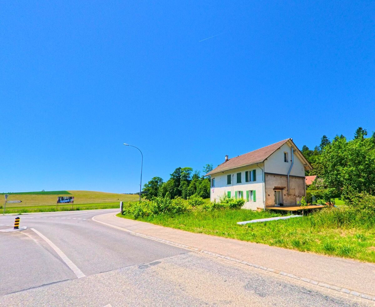 Am Ortsrand von Rüttenen (4522, Kanton Solothurn) steht ein alleinliegendes Haus mit grünen Fensterläden nahe einer Landstrasse vor offener Felderlandschaft.