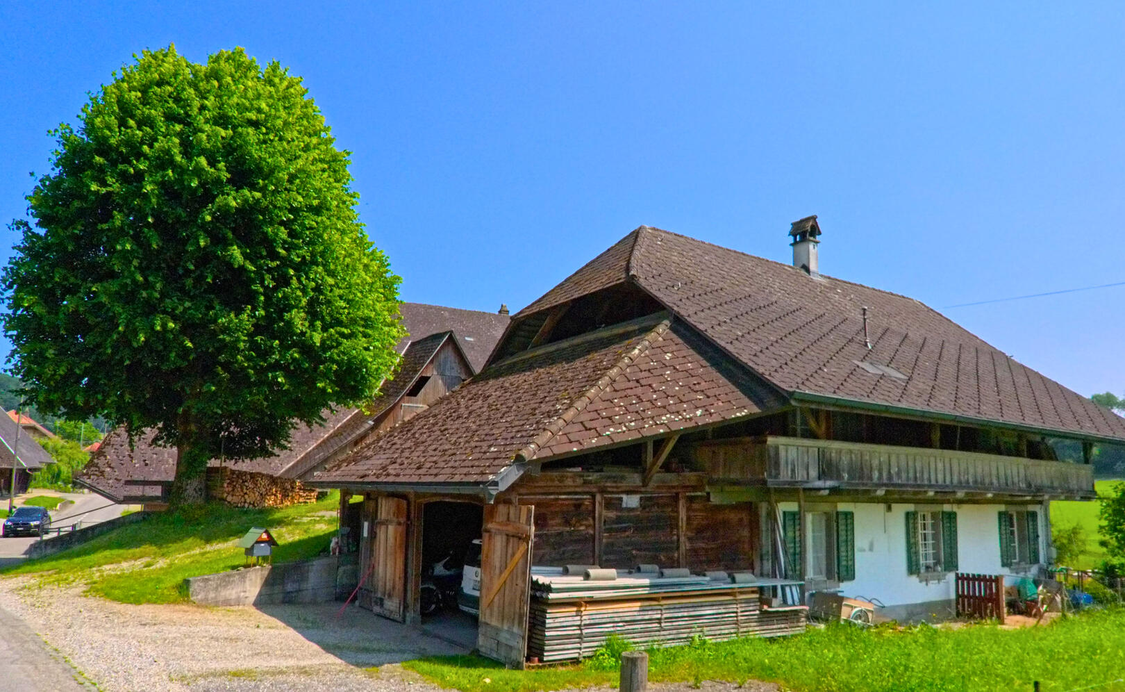 In Rumendingen (3472, Kanton Bern) steht ein traditionelles Bauernhaus mit Holzfassade am Rand einer weiten Wiese, während ein grosser Baum das Ortsbild prägt.