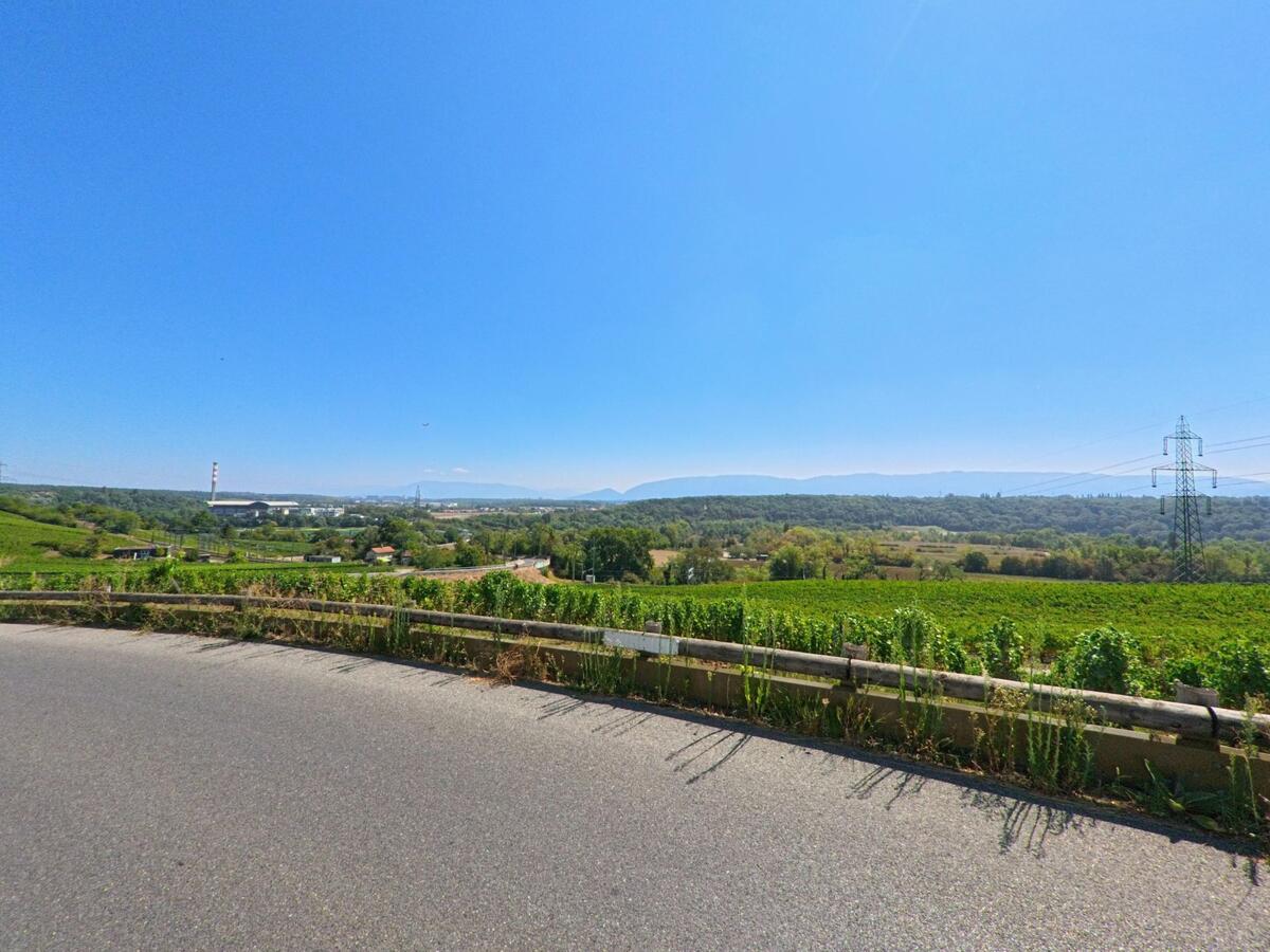 Von einer Anhöhe in Russin (1281, Kanton Genf) öffnet sich der Blick über Weinberge, Felder und die bewaldeten Hügel im Hintergrund.