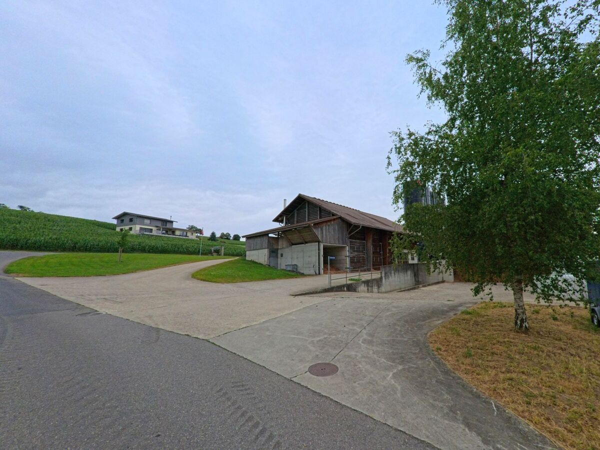 In Ruswil (6017, Kanton Luzern) liegt ein landwirtschaftliches Gebäude mit Holzfassade an einem Betonweg, eingerahmt von Feldern und einem einzeln stehenden Baum.
