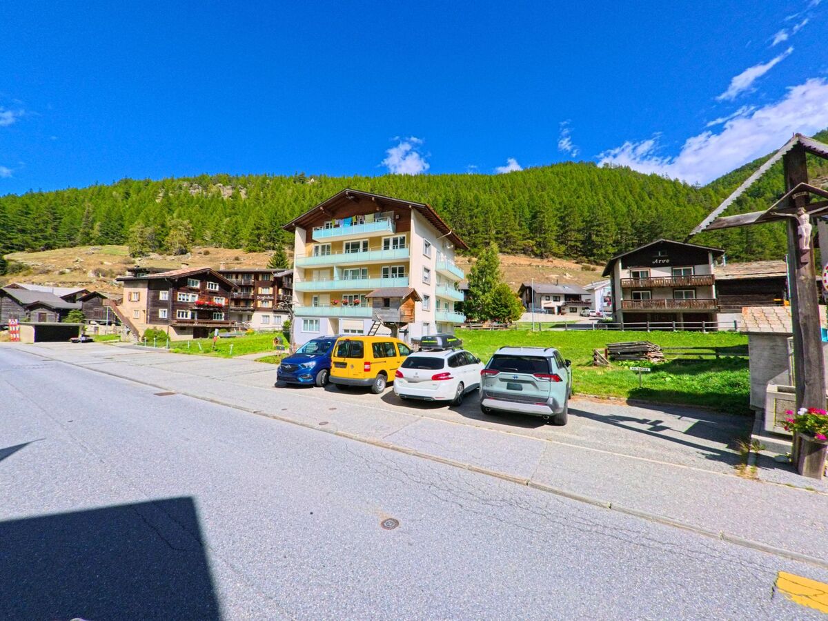 Vor einer Reihe von Wohnhaeusern in Saas-Balen (3908, Kanton Wallis) stehen mehrere geparkte Autos, waehrend im Hintergrund bewaldete Haenge aufragen.