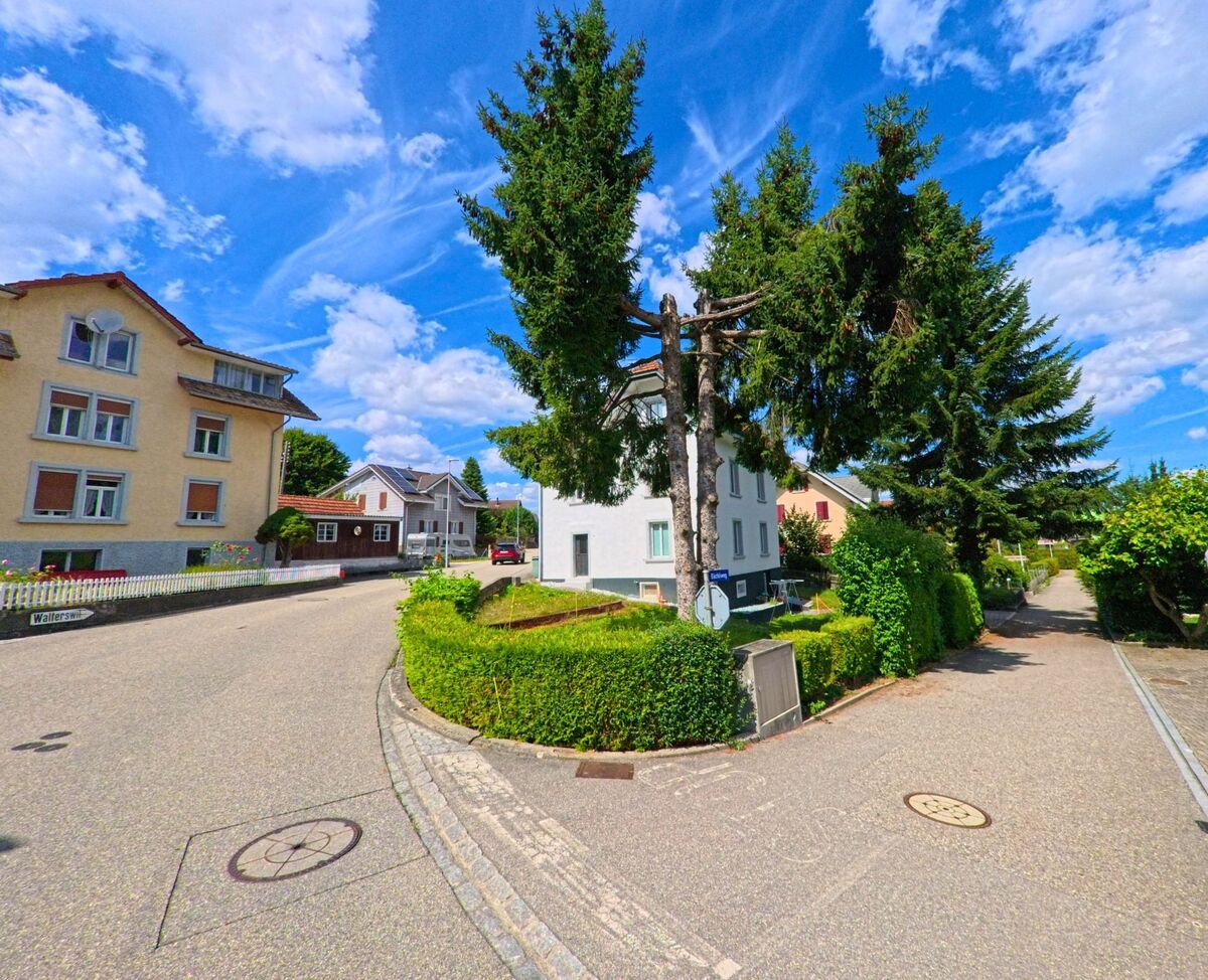 In Safenwil (5745, Kanton Aargau) treffen sich mehrere ruhige Wohnstrassen an einer kleinen Kreuzung mit Tannenbäumen und gepflegten Hecken inmitten eines Wohnquartiers.