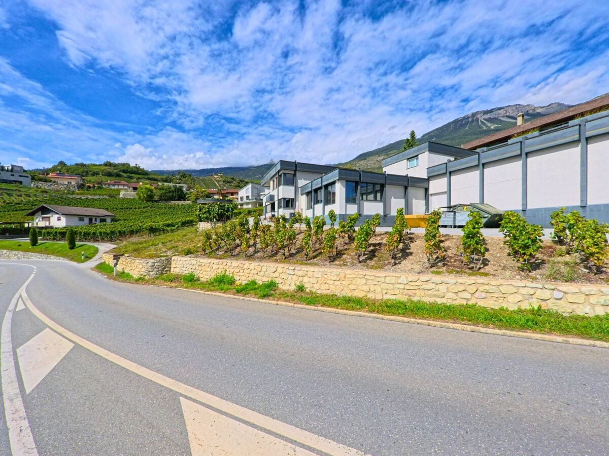 Am Ortsrand von Salgesch (3970, Kanton Wallis) fuehren Strassen an modernen Gebaeuden und kleinen Weinbergen vorbei mit Blick auf die umliegenden Haenge.