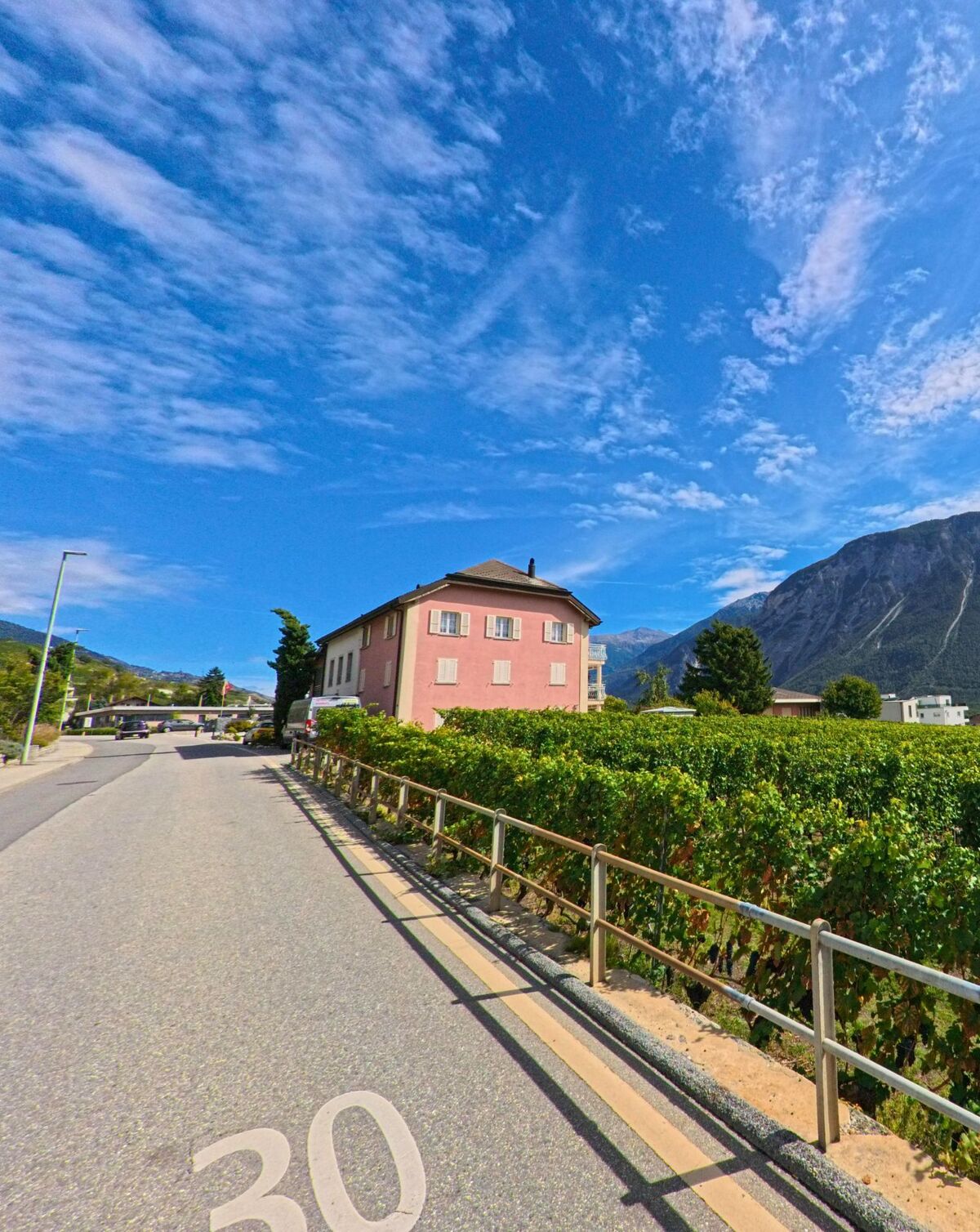 Ein rosafarbenes Wohnhaus in Salgesch (3970, Kanton Wallis) grenzt an einen Weinberg, waehrend die Berge im Hintergrund aufragen.