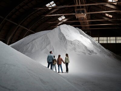 Besuchende stehen in einer grossen Salzhalle vor einem imposanten weissen Salzberg, symbolisch fuer die Salzgewinnung der Salina Helvetica in Pratteln (4133, Kanton Basel-Landschaft).