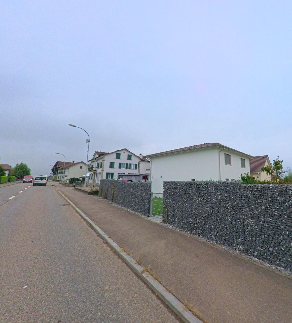 Entlang einer Hauptstrasse in Sarmenstorf (5614, Kanton Aargau) stehen moderne und traditionelle Wohnhäuser mit gepflegten Steinmauern und Vorgärten.