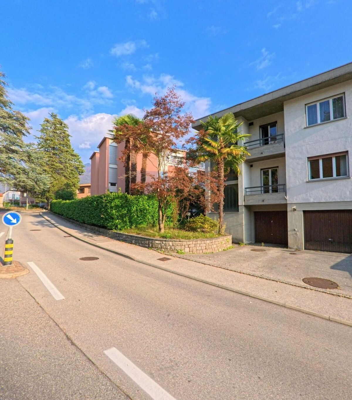 Entlang einer ruhigen Wohnstrasse in Savosa (6942, Kanton Tessin) stehen Mehrfamilienhäuser mit Balkonen zwischen Palmen, Hecken und weiteren Bäumen.