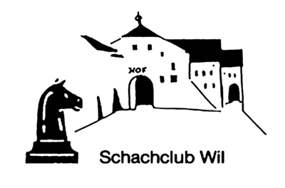 Logo des Schachclub Wil in Wil (9500, Kanton St Gallen) mit stilisiertem Springer und Gebaeude als schwarzweisse Zeichnung.