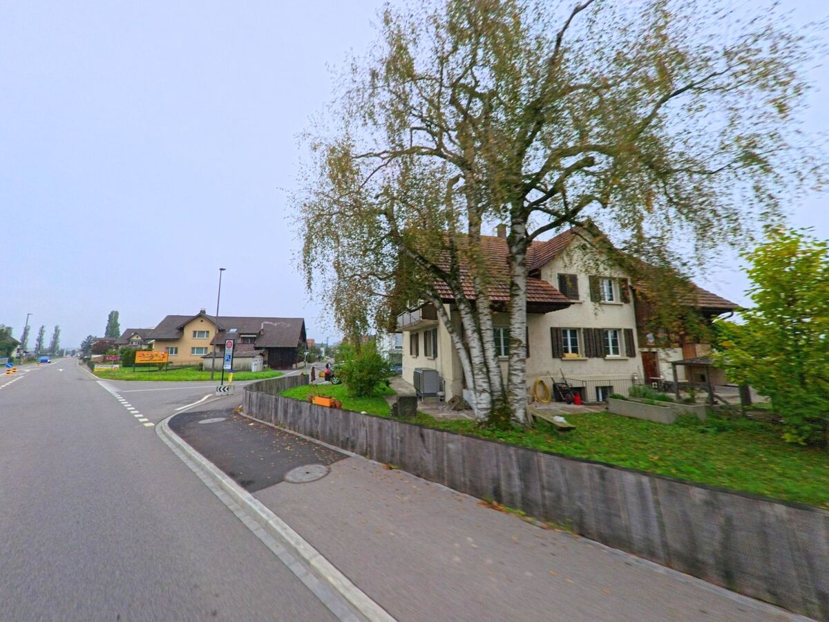 An der Einfahrt nach Schafisheim (5503, Kanton Aargau) stehen traditionelle Wohnhäuser mit grossen Bäumen und gepflegten Vorgärten entlang der Strasse.