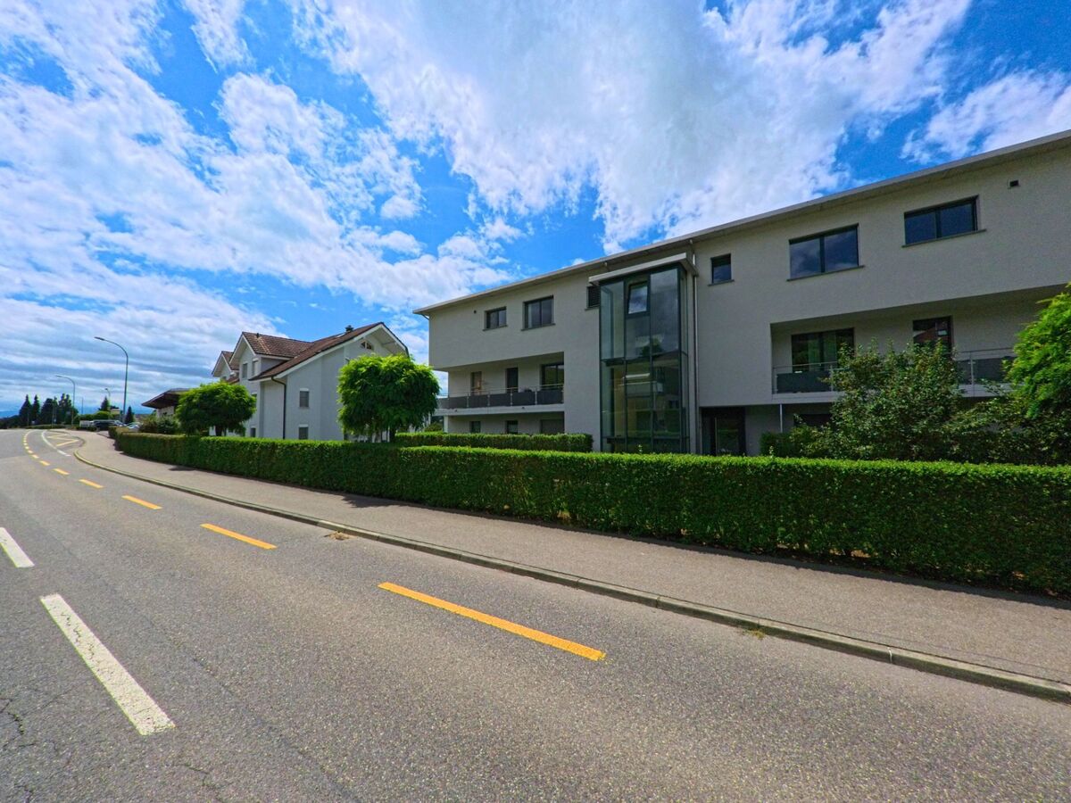 In Schenkon (6214, Kanton Luzern) säumen moderne Wohnhäuser mit gepflegten Hecken eine sanft geschwungene Strasse unter blauem Himmel.