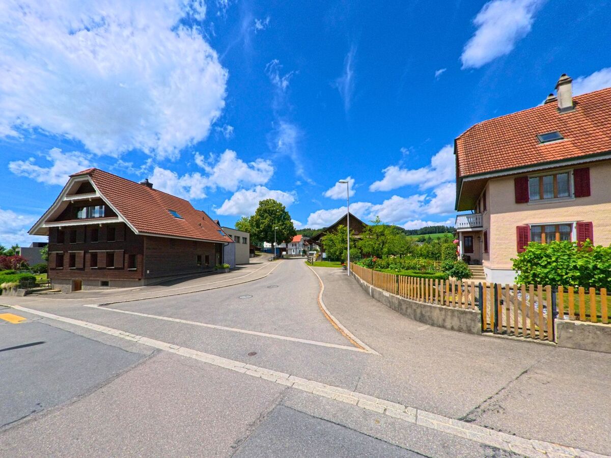 Eine ruhige Straße in Schlierbach (6231, Kanton Luzern) führt an zwei typischen Häusern mit roten Dächern und grünen Gärten vorbei, während der Himmel in strahlendem Blau erleuchtet.