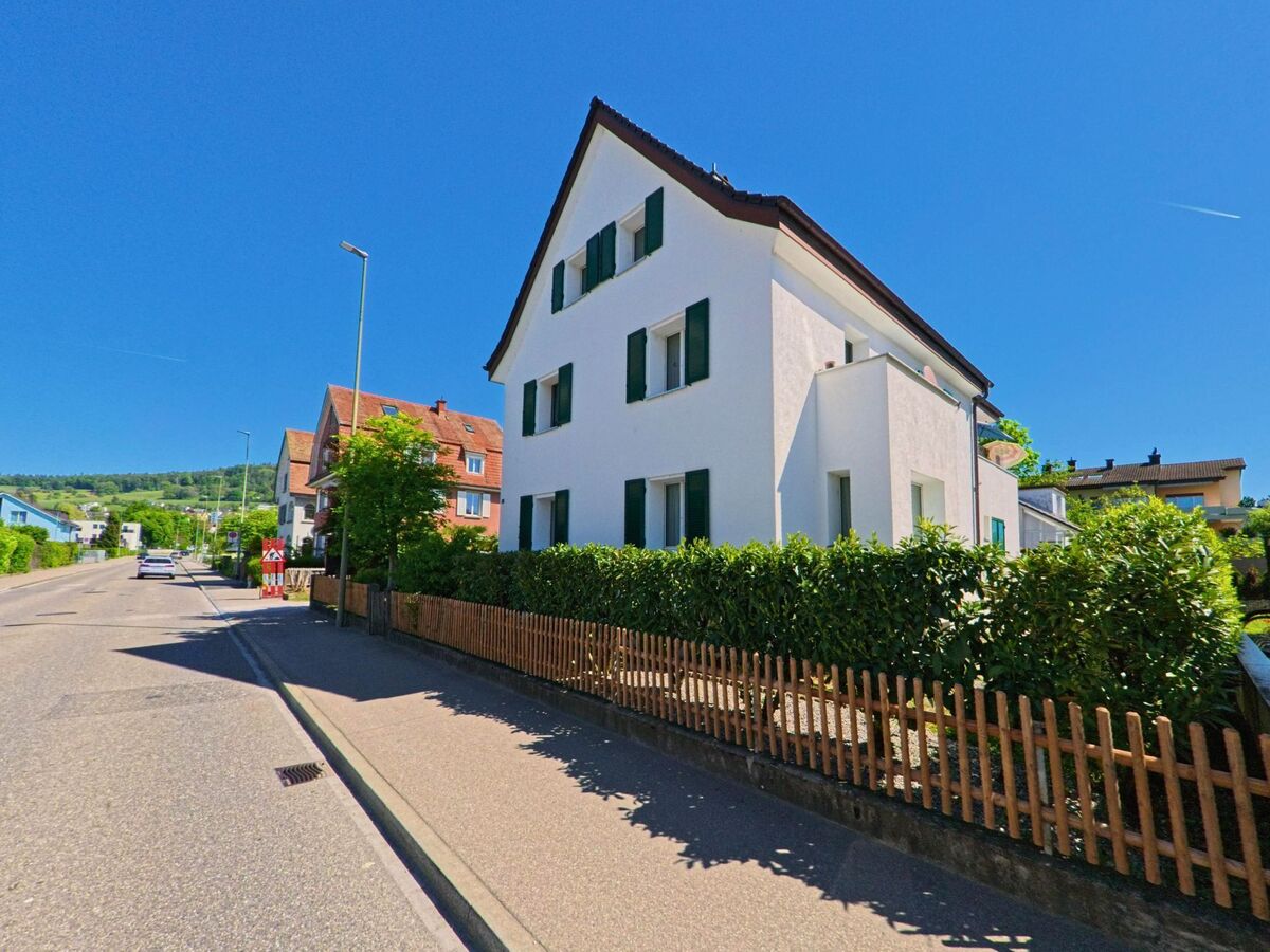 In einem Wohnquartier von Schlieren (8952, Kanton Zürich) reihen sich gepflegte Einfamilienhäuser mit Hecken und Holzzäunen entlang der Strasse.