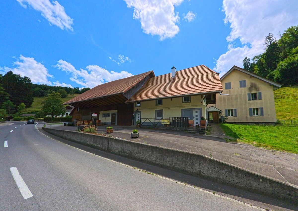 Ein Bauernhaus mit grossem Scheunendach und angrenzendem Wohntrakt steht in Schlossrued (5044, Kanton Aargau) direkt an einer leicht geschwungenen Landstrasse.