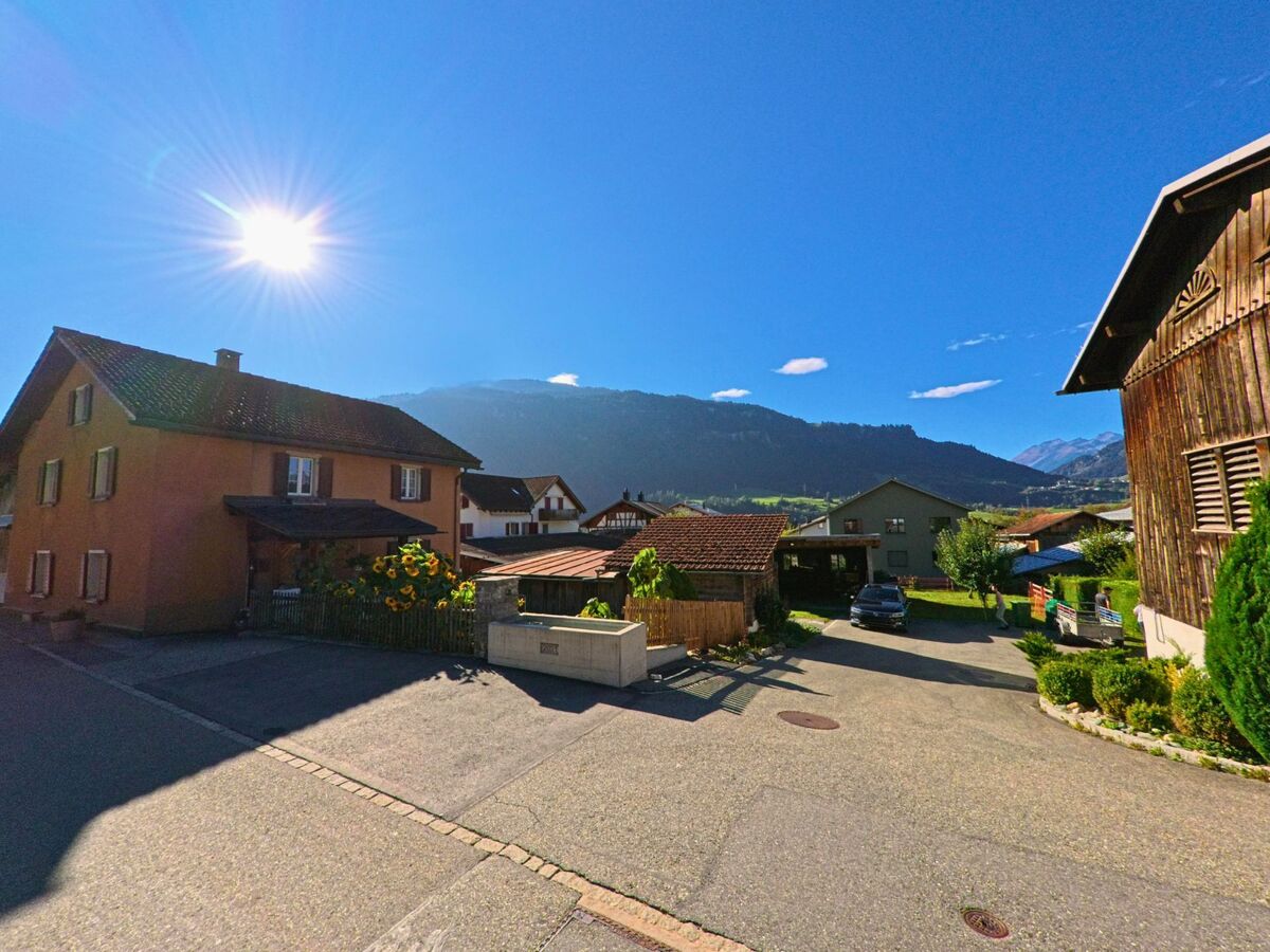 In Schluein (7151, Kanton Graubuenden) stehen Einfamilienhaeuser mit Gaerten und blühenden Sonnenblumen vor einer Bergkulisse im Sonnenlicht.